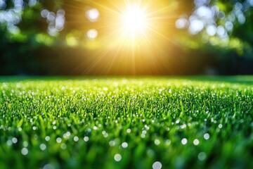 Naklejka premium Vibrant Sunrise Over Fresh Dew-Kissed Grass on a Sunny Morning