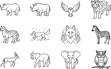 African Wildlife Line Art Rhino, Tiger, Zebra, Elephant, Owl