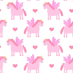 Seamless Pattern, Pink Unicorn Pegasus with hearts. Children Vector Flat Illustration.