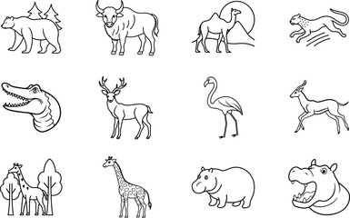 Wildlife Animal Icons Bear, Bull, Camel, Cougar, Crocodile, Deer, Flamingo, Giraffe, Hippo, Antelope