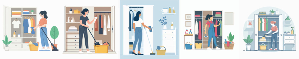 vector character woman cleaning closet