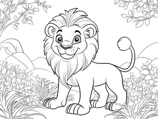 Obraz premium Cute Cartoon Lion with Blank Outline for Kids Coloring Activity