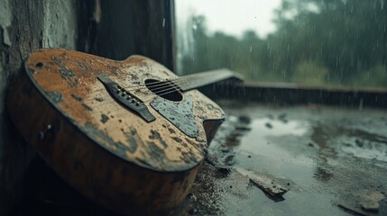 Melancholic acoustic guitar abandoned in rainy forest vintage nature scene atmospheric mood close-up perspective evoking nostalgia
