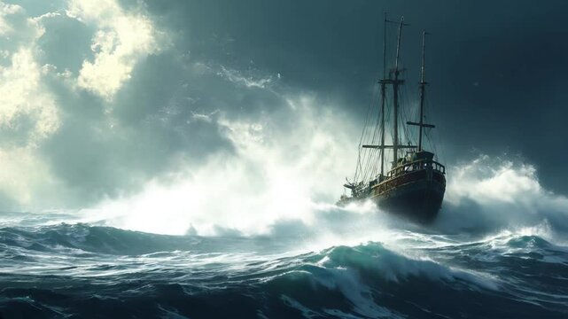 Stormy Seas: A majestic sailing ship battles against a tempestuous sea. The dark silhouette of the ship is set against a dramatic sky and crashing waves.