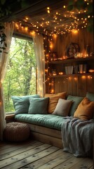 Fototapeta premium Cozy window seat bathed in warm light, perfect for relaxation and reading. Rustic wooden walls and fairy lights create a magical ambiance.