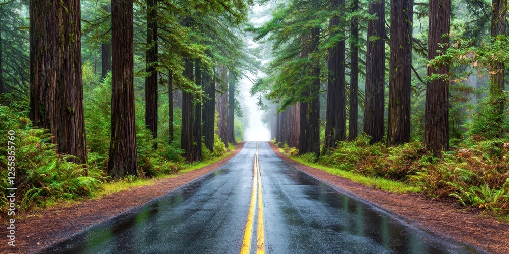 Poster road with trees on both sides and a yellow line