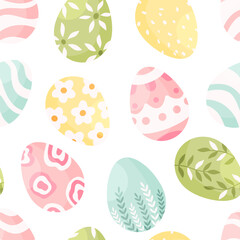 Seamless pattern with Easter eggs on a white background. Vector Easter illustration background. Cartoon illustration.