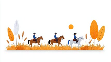 Fototapeta premium Riders on Horses in Autumn Landscape with Colorful Foliage and Sunlight