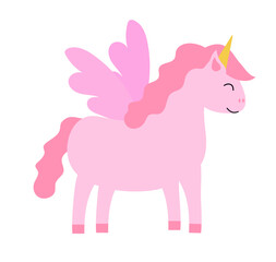 Pink Unicorn Pegasus. Children Vector Flat Illustration.