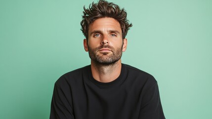 Obraz premium Portrait of a Man with Curly Hair and Beard Against a Green Background