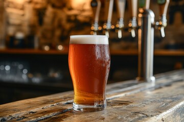 Refreshing Glass of Amber Beer on Rustic Bar Counter with Tap Background