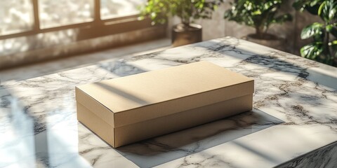 Brown Cardboard Box on Marble Table, Sunlight