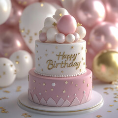 "A beautifully decorated pink birthday cake with 'Happy Birthday' written in elegant icing on top. The cake is covered in smooth pink frosting with delicate white piping along the edges. Small decorat