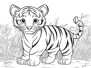 Cute Cartoon Tiger with Blank Outline for Kids to Color and Decorate