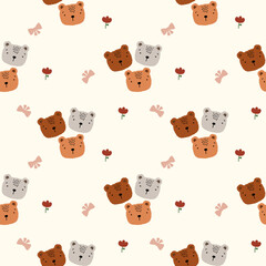 Three brothers bear cartoon so cute. On flower bow background. Pattern seamless vector illustration. 