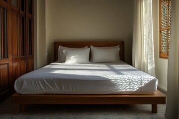 Sunlight Illuminates a Serene Bedroom with Wooden Bed and White Linens, Featuring a Patterned Floor and Ornate Window