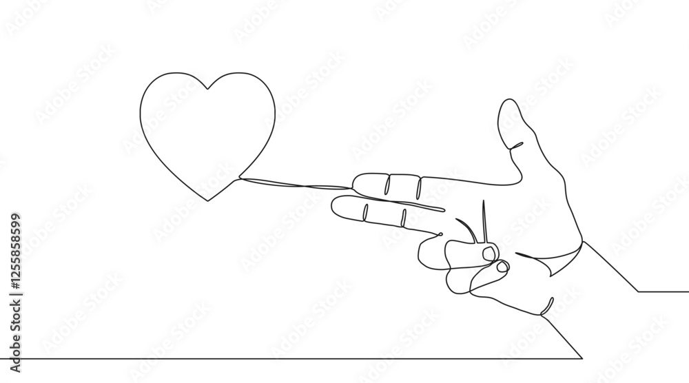 Poster One continuous line illustration of hand gesture - bang that shoots a heart. Continuous line drawing of arm in gun gesture with heart. Vector.