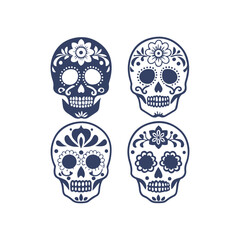 Cinco de Mayo Sugar Skull Silhouette Set Clipart Vector Illustration