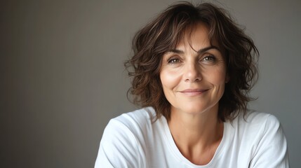 Fototapeta premium A beautiful middle-aged woman, her smile full of warmth, wears a pastel t-shirt, symbolizing strength and independence.
