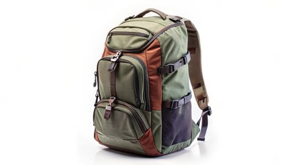 Naklejka premium Olive-Orange-Purple Backpack on White Background