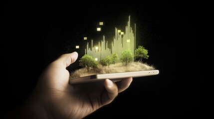 Hand Holding Smartphone Displaying Digital Landscape with Trees and Graphical Elements on Dark Background