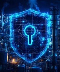 Digital Security Concept with Shield and Keyhole Over Industrial Background