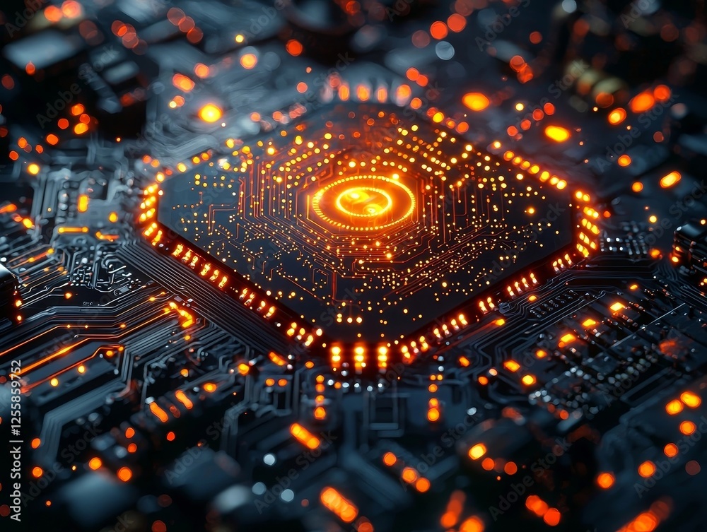 Wall mural glowing chip powering intricate network of futuristic devices and systems in cyberpunk inspired