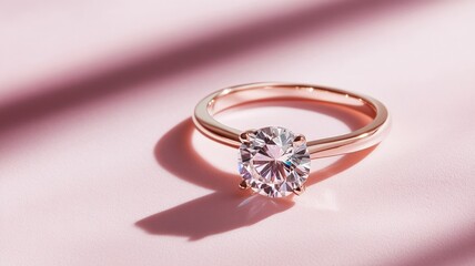 Elegant rose gold engagement ring with sparkling diamond on pink background