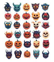 Halloween monster faces vector set. Little fang beasts angry pumpkin vegetable skull avatars, fiend demons tiny horror portraits icons, isolated illustrations on white background