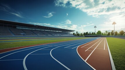 Modern athletics stadium with bright track and field under stadium lights, sports arena view