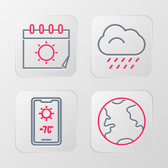 Set line Earth globe, Weather forecast, Cloud with rain and Calendar and sun icon. Vector