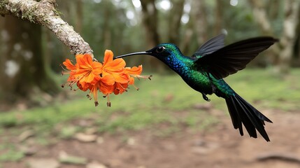 Obraz premium Hummingbird feeding flower forest nature wildlife