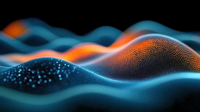 Abstract blue orange data waves, digital landscape, glowing background, tech concept
