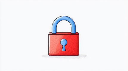 Colorful Hand-Drawn Padlock Illustration with Blue Shackle and Red Body on Light Background