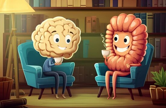 A playful and symbolic illustration of a brain and an intestine, drawn in a friendly cartoon style, sitting together and chatting over coffee, representing the gut-brain connection.