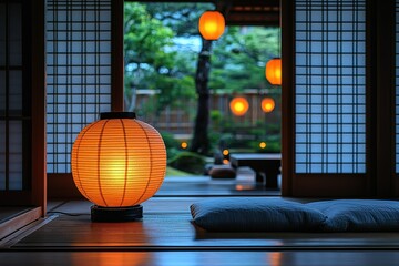 Illuminated lantern glows warmly in a tranquil space blending traditional design with serene garden views in the distance