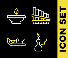 Set line Pan flute, Hookah, Indian shoes and Aroma lamp icon. Vector