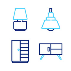 Set line Chest of drawers, Wardrobe, Chandelier and Table lamp icon. Vector