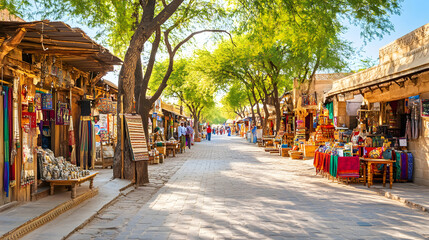Street view with shops and vibrant local tourism in an indian city filled with greenery and bustling activity