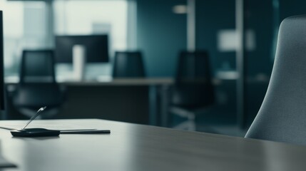 Empty office desk with vacant chairs and monitors, symbolizing layoffs and workplace downsizing. Concept of job loss, corporate restructuring, and economic uncertainty in modern business environment.