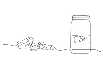 Continuous single-line art drawing of peanut butter jar. Peanut butter food outline vector isolated on white background