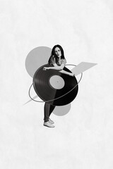 Creative photo vertical collage artwork dancing overjoyed girl absurd body vinyl record enjoy retro...
