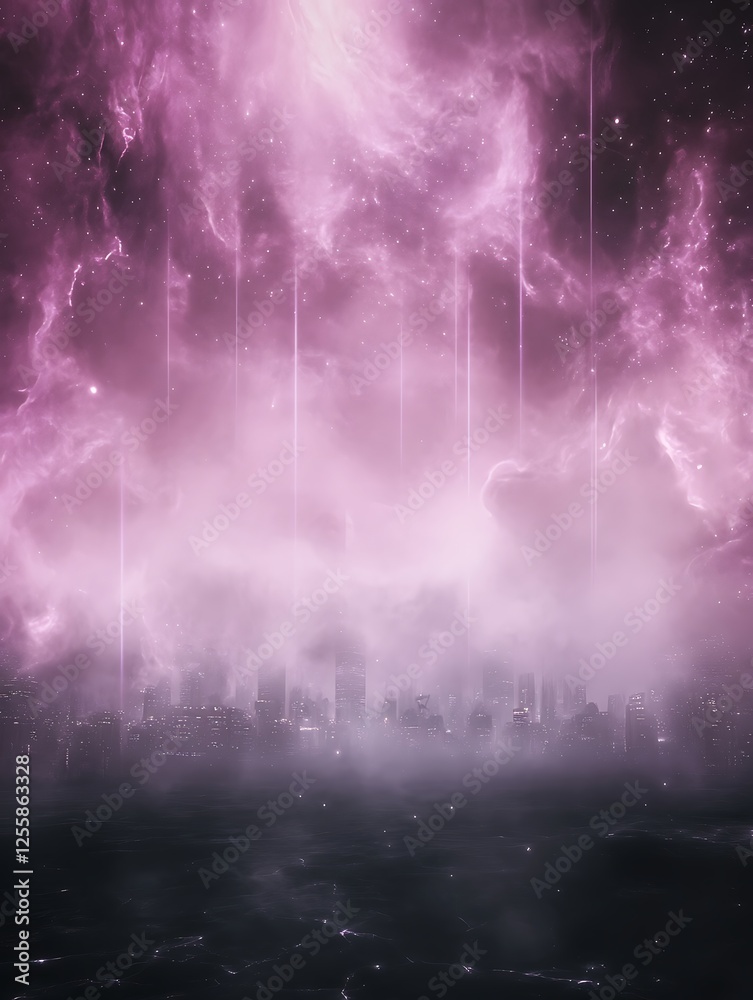 Poster a surreal landscape featuring a misty, ethereal atmosphere with pink hues and light beams piercing t