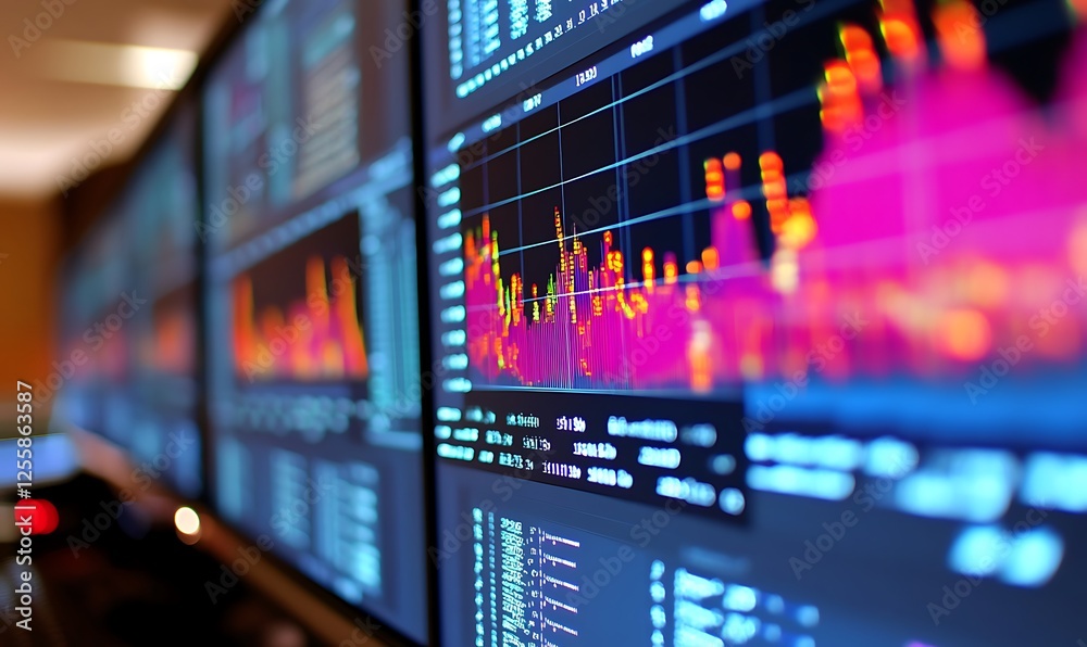 Poster close-up of multiple monitors displaying vibrant financial data graphs and charts in a dark room.