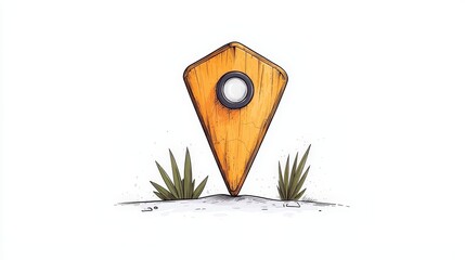 Wooden location pointer with vegetation on a minimalist white background for digital mapping themes