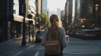 Woman walking on a city street with coffee in hand during golden hour