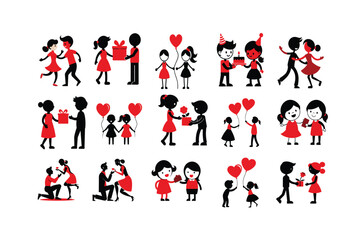 15 bundle set of a girl and a boy presenting various Valentine’s Day elements on a white background. Perfect for icons, clipart, logo designs, and vector illustrations
