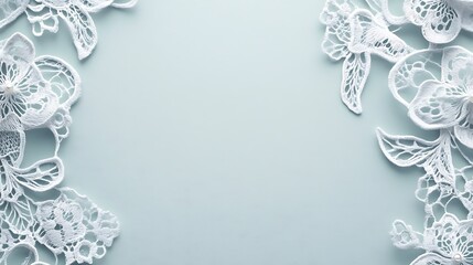 Fototapeta premium Delicate White Lace Floral Border on Pale Blue Background