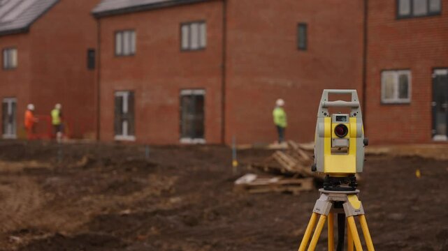 Construction site surveying in a new development area during cloudy weather with workers in the background