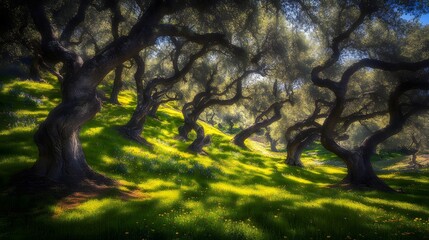 Fototapeta premium Group of trees on a gentle hillside with lush green grass under a clear blue sky in a natural landscape